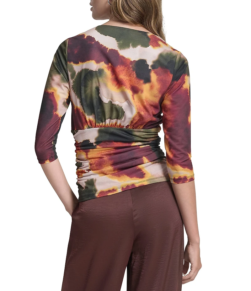 DKNY By Donna Karan Fine Slub Knit V-Neck 3/4 Sleeve Ruched Zip Front Top