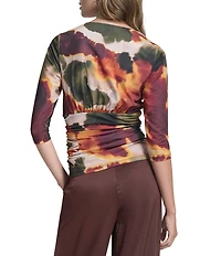 DKNY By Donna Karan Fine Slub Knit V-Neck 3/4 Sleeve Ruched Zip Front Top