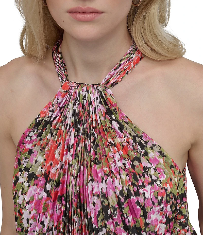 DKNY by Donna Karan Floral Halter Pleated Shift Dress
