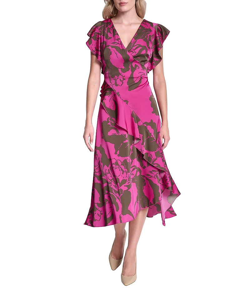 DKNY by Donna Karan Floral Print Charmeuse Ruffle Cap Sleeve Asymmetrical Flutter Hem Faux Wrap Midi Dress