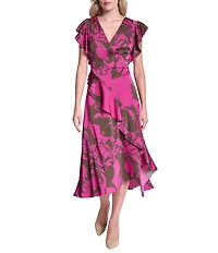 DKNY by Donna Karan Floral Print Charmeuse Ruffle Cap Sleeve Asymmetrical Flutter Hem Faux Wrap Midi Dress