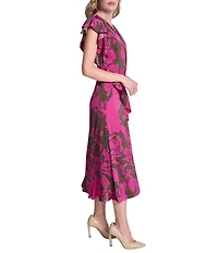 DKNY by Donna Karan Floral Print Charmeuse Ruffle Cap Sleeve Asymmetrical Flutter Hem Faux Wrap Midi Dress