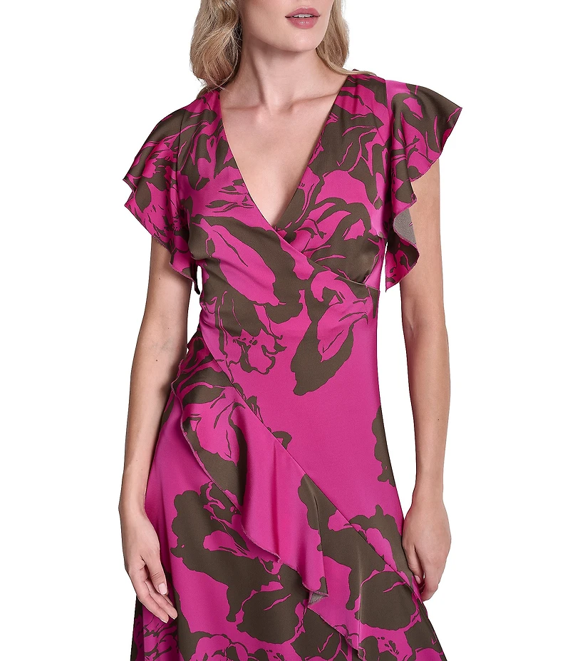 DKNY by Donna Karan Floral Print Charmeuse Ruffle Cap Sleeve Asymmetrical Flutter Hem Faux Wrap Midi Dress