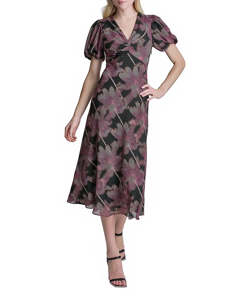 DKNY By Donna Karan Floral Print Chiffon Bubble Sheeve V Neck Midi Dress