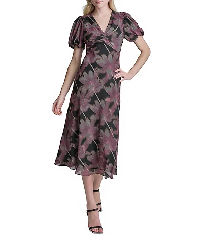 DKNY By Donna Karan Floral Print Chiffon Bubble Sheeve V Neck Midi Dress