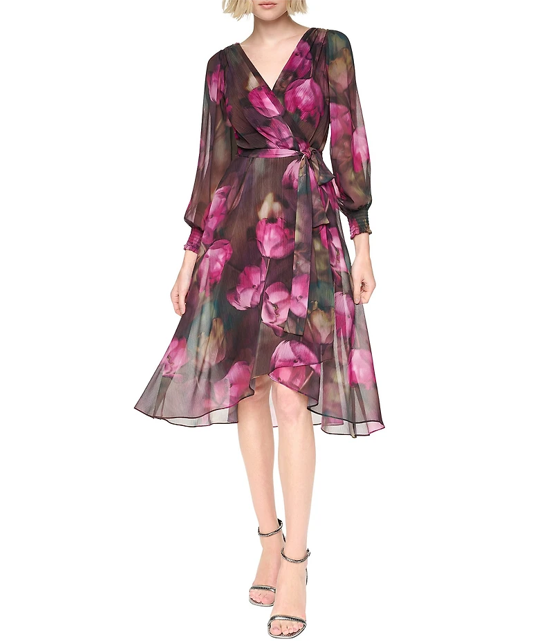 DKNY By Donna Karan Floral Print Chiffon Long Balloon Sleeve Surplice Neck Hi-Low Hem Faux Wrap Midi Dress