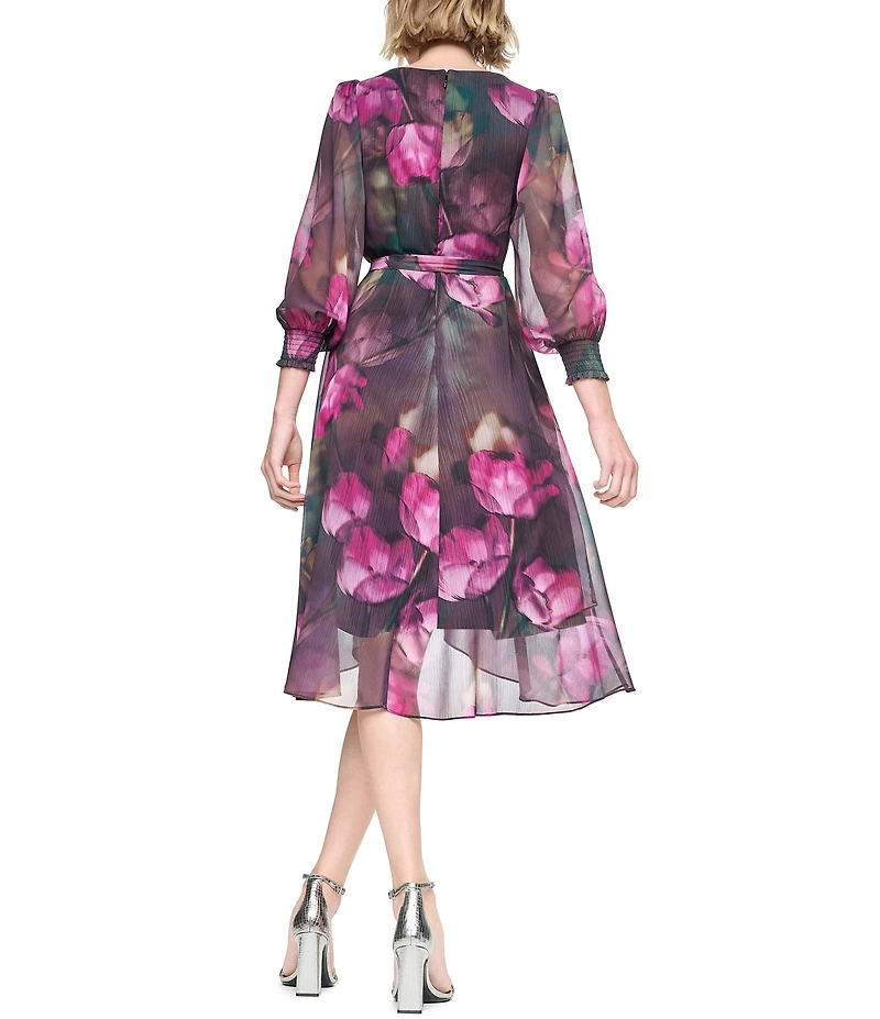 DKNY By Donna Karan Floral Print Chiffon Long Balloon Sleeve Surplice Neck Hi-Low Hem Faux Wrap Midi Dress