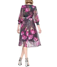 DKNY By Donna Karan Floral Print Chiffon Long Balloon Sleeve Surplice Neck Hi-Low Hem Faux Wrap Midi Dress