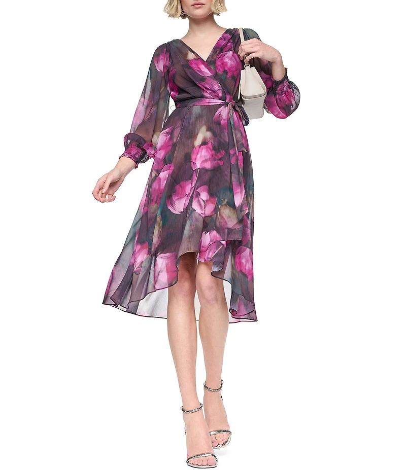 DKNY By Donna Karan Floral Print Chiffon Long Balloon Sleeve Surplice Neck Hi-Low Hem Faux Wrap Midi Dress