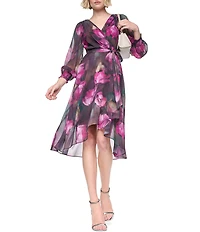 DKNY By Donna Karan Floral Print Chiffon Long Balloon Sleeve Surplice Neck Hi-Low Hem Faux Wrap Midi Dress