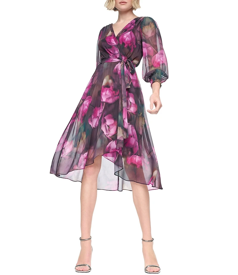 DKNY By Donna Karan Floral Print Chiffon Long Balloon Sleeve Surplice Neck Hi-Low Hem Faux Wrap Midi Dress