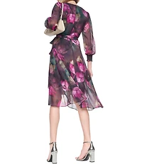DKNY By Donna Karan Floral Print Chiffon Long Balloon Sleeve Surplice Neck Hi-Low Hem Faux Wrap Midi Dress