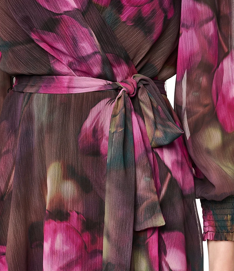 DKNY By Donna Karan Floral Print Chiffon Long Balloon Sleeve Surplice Neck Hi-Low Hem Faux Wrap Midi Dress
