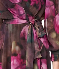 DKNY By Donna Karan Floral Print Chiffon Long Balloon Sleeve Surplice Neck Hi-Low Hem Faux Wrap Midi Dress