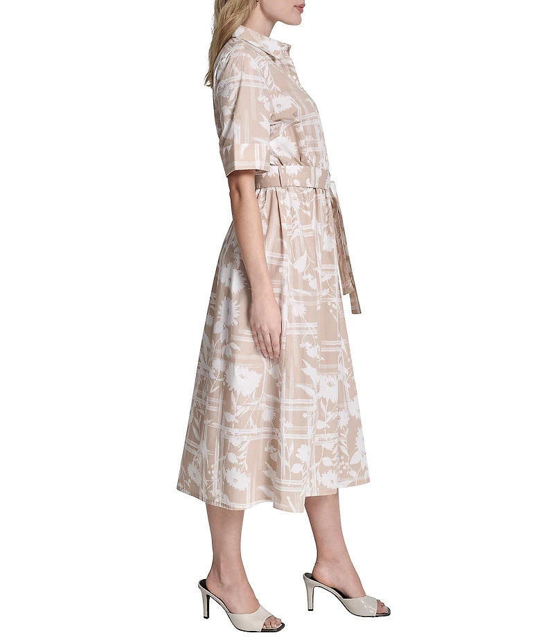 DKNY by Donna Karan Floral Print Cotton Elbow Sleeve Belted Midi Shirt Dress