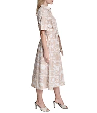 DKNY by Donna Karan Floral Print Cotton Elbow Sleeve Belted Midi Shirt Dress