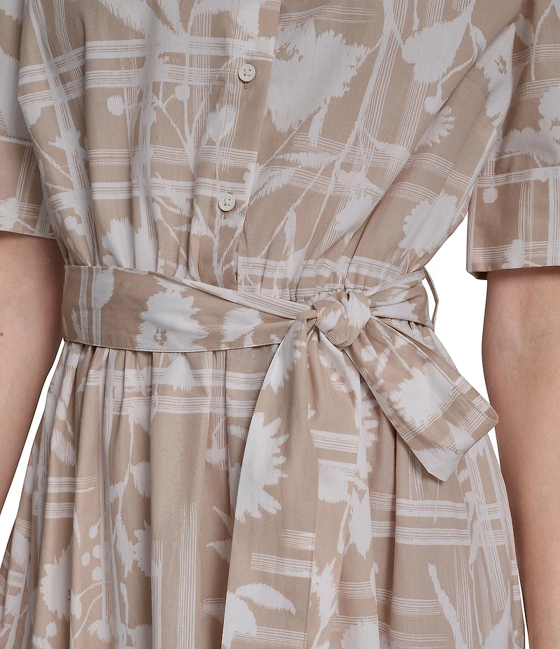 DKNY by Donna Karan Floral Print Cotton Elbow Sleeve Belted Midi Shirt Dress