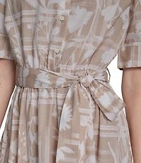 DKNY by Donna Karan Floral Print Cotton Elbow Sleeve Belted Midi Shirt Dress