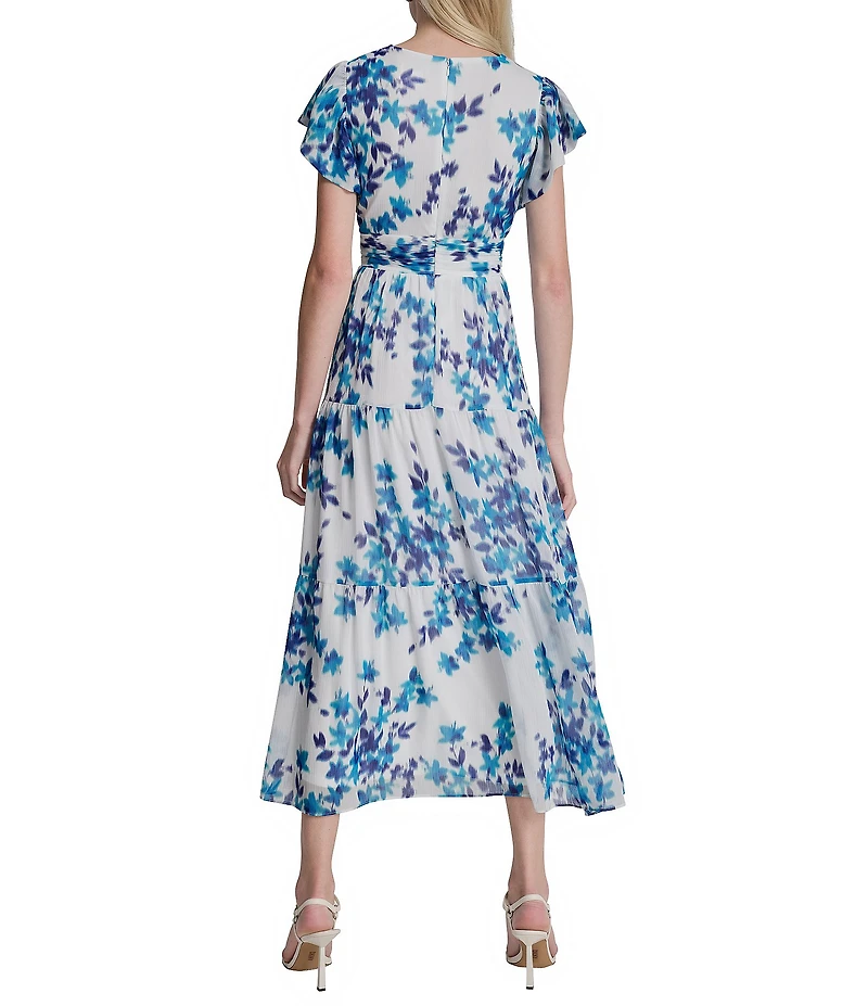 DKNY By Donna Karan Floral Print Flounce Sleeve Tiered Long Dress