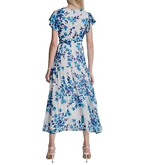 DKNY By Donna Karan Floral Print Flounce Sleeve Tiered Long Dress