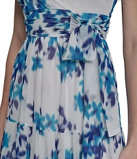 DKNY By Donna Karan Floral Print Flounce Sleeve Tiered Long Dress