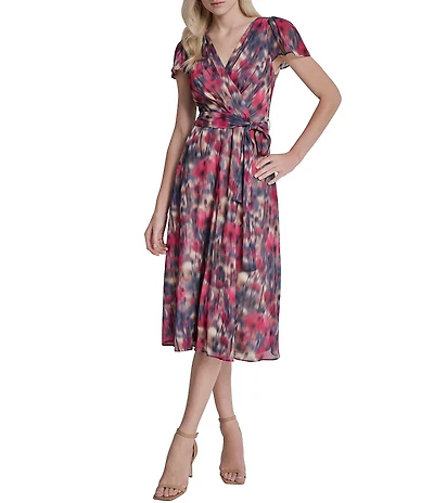 DKNY By Donna Karan Floral Print Flutter Sleeve Chiffon Midi Dress