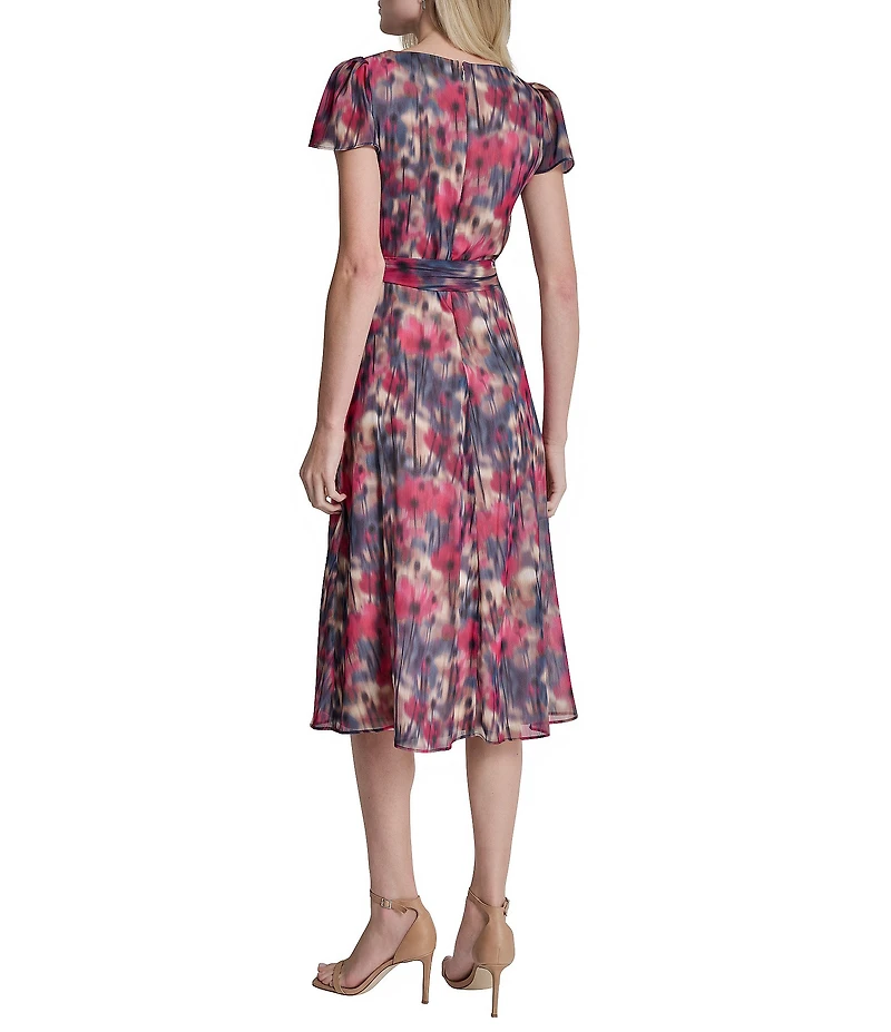 DKNY By Donna Karan Floral Print Flutter Sleeve Chiffon Midi Dress
