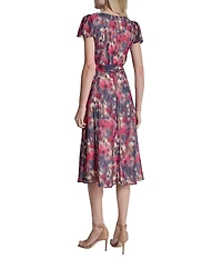 DKNY By Donna Karan Floral Print Flutter Sleeve Chiffon Midi Dress