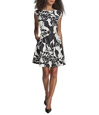 DKNY by Donna Karan Floral Print Salon Stretch Crew Neck Cap Sleeve Belted Fit And Flare Dress