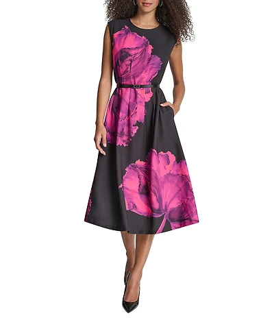 DKNY by Donna Karan Floral Print Salon Stretch Sleeveless Belted Fit And Flare Midi Dress