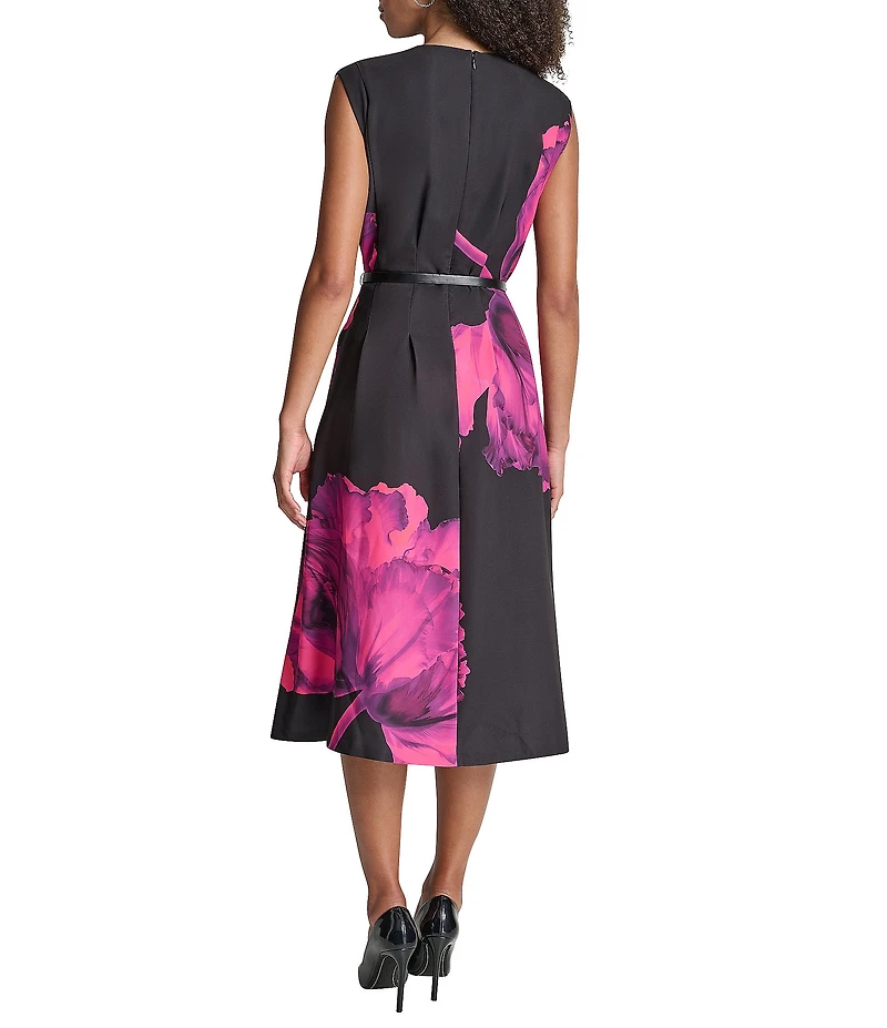 DKNY by Donna Karan Floral Print Salon Stretch Sleeveless Belted Fit And Flare Midi Dress
