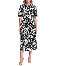 DKNY By Donna Karan Floral Print Short Sleeve Button Down Shirt Dress