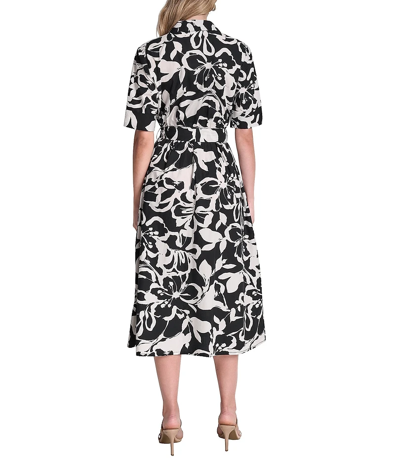 DKNY By Donna Karan Floral Print Short Sleeve Button Down Shirt Dress