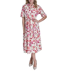 DKNY By Donna Karan Floral Print Short Sleeve Collared Button Down Shirt Midi Dress