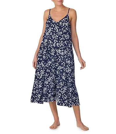DKNY By Donna Karan Floral Print Sleeveless V-Neck Woven Lounge Maxi Chemise
