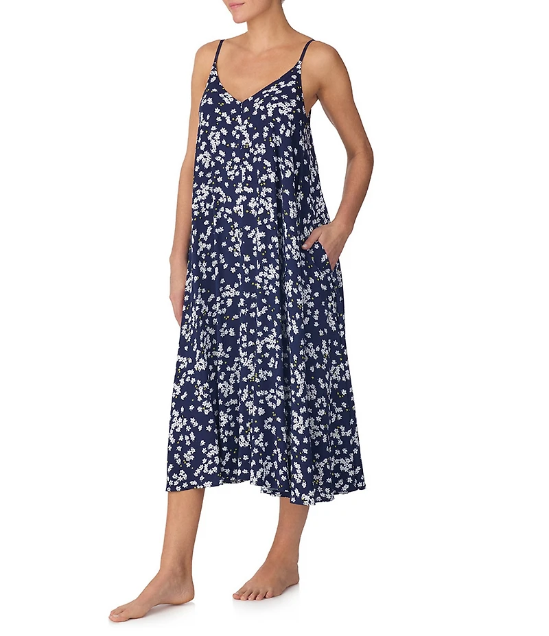 DKNY By Donna Karan Floral Print Sleeveless V-Neck Woven Lounge Maxi Chemise