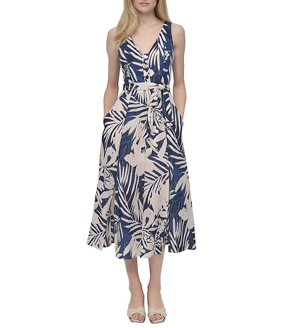 DKNY by Donna Karan Floral Print V-Neck A-Line Midi Dress