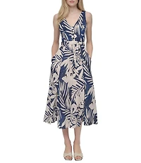DKNY by Donna Karan Floral Print V-Neck A-Line Midi Dress