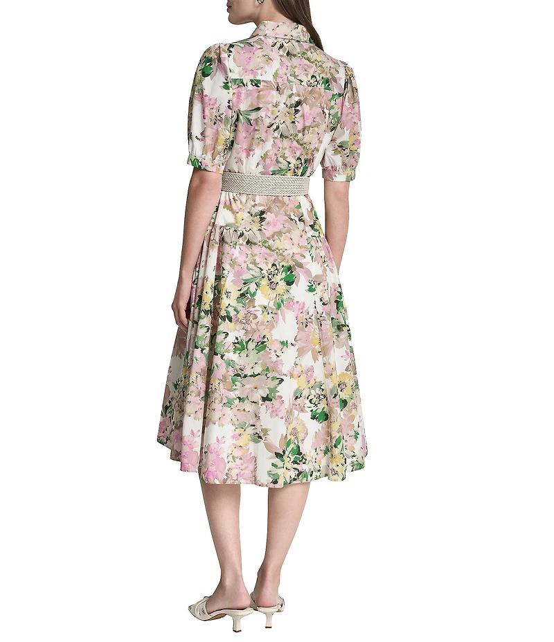 DKNY by Donna Karan Floral Short Puff Sleeve Belted Midi Shirt Dress