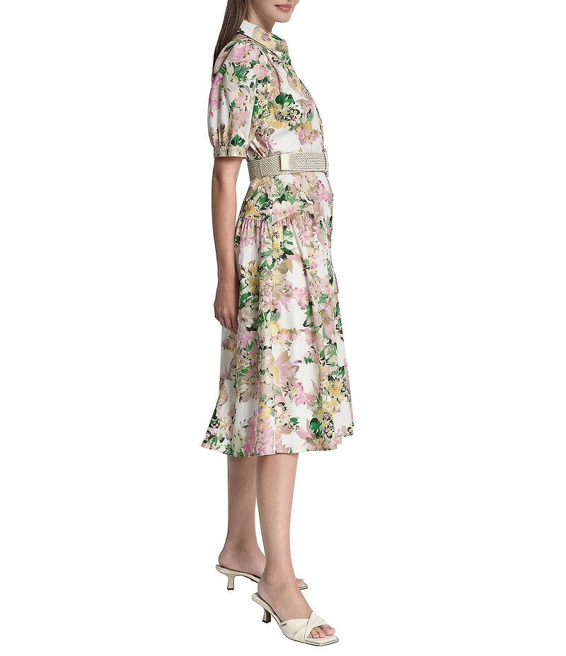 DKNY by Donna Karan Floral Short Puff Sleeve Belted Midi Shirt Dress
