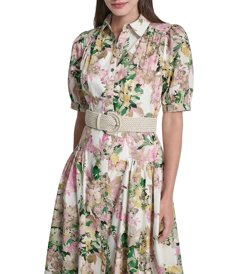 DKNY by Donna Karan Floral Short Puff Sleeve Belted Midi Shirt Dress