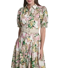 DKNY by Donna Karan Floral Short Puff Sleeve Belted Midi Shirt Dress
