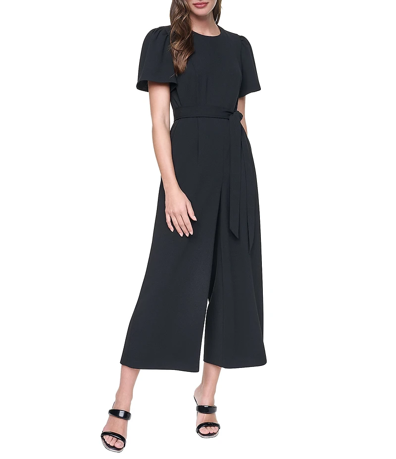 DKNY By Donna Karan Flutter Sleeve Crew Neck Wide Cropped Leg Jumpsuit