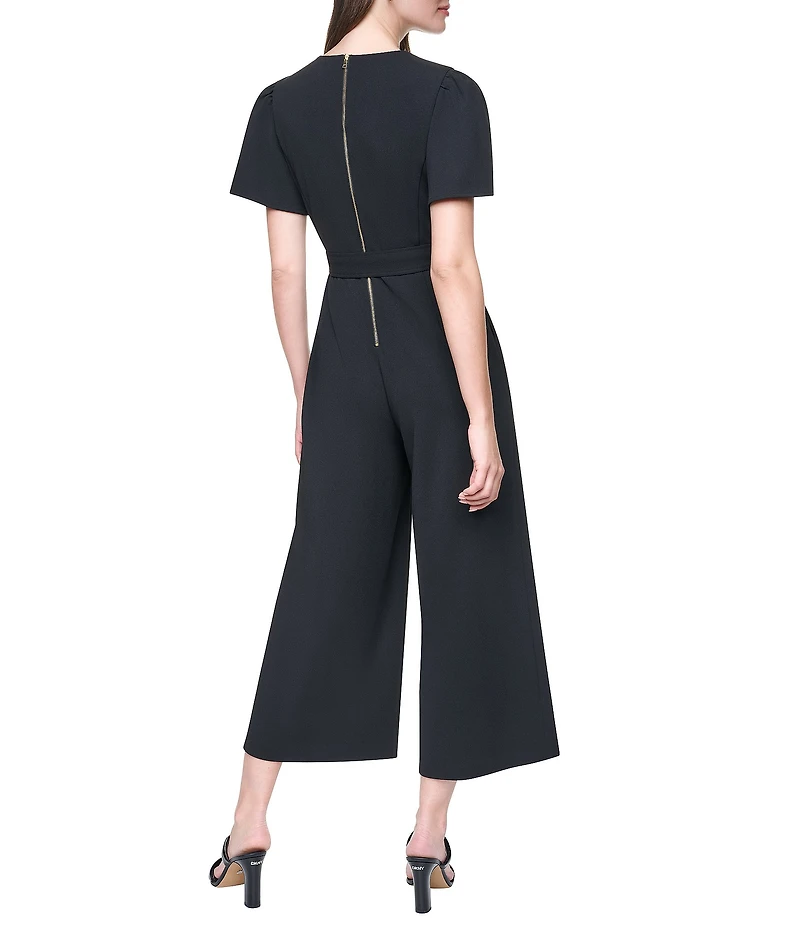 DKNY By Donna Karan Flutter Sleeve Crew Neck Wide Cropped Leg Jumpsuit