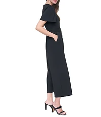 DKNY By Donna Karan Flutter Sleeve Crew Neck Wide Cropped Leg Jumpsuit