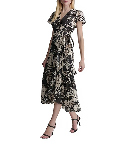 DKNY By Donna Karan Flutter Sleeve Surplice Neck Faux Wrap Hi-Low Hem Midi Dress