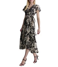 DKNY By Donna Karan Flutter Sleeve Surplice Neck Faux Wrap Hi-Low Hem Midi Dress