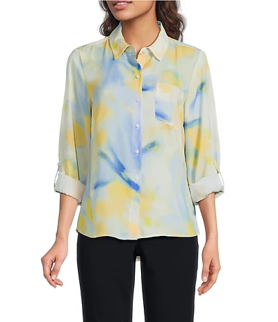 DKNY by Donna Karan Georgette Point Collar 3/4 Roll-Tab Sleeve Button Front Shirt