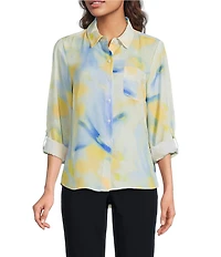 DKNY by Donna Karan Georgette Point Collar 3/4 Roll-Tab Sleeve Button Front Shirt