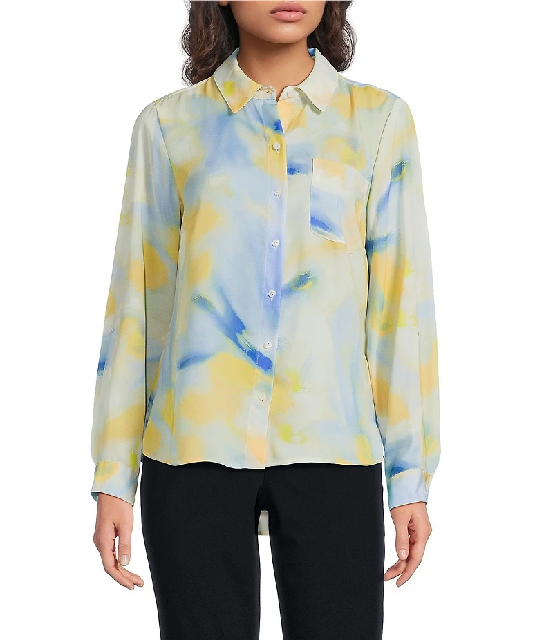 DKNY by Donna Karan Georgette Point Collar 3/4 Roll-Tab Sleeve Button Front Shirt